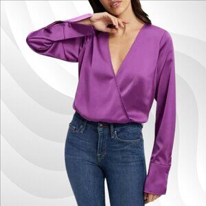2/$50 Good American Purple Stretch Satin Faux Wrap Blouse Size 2